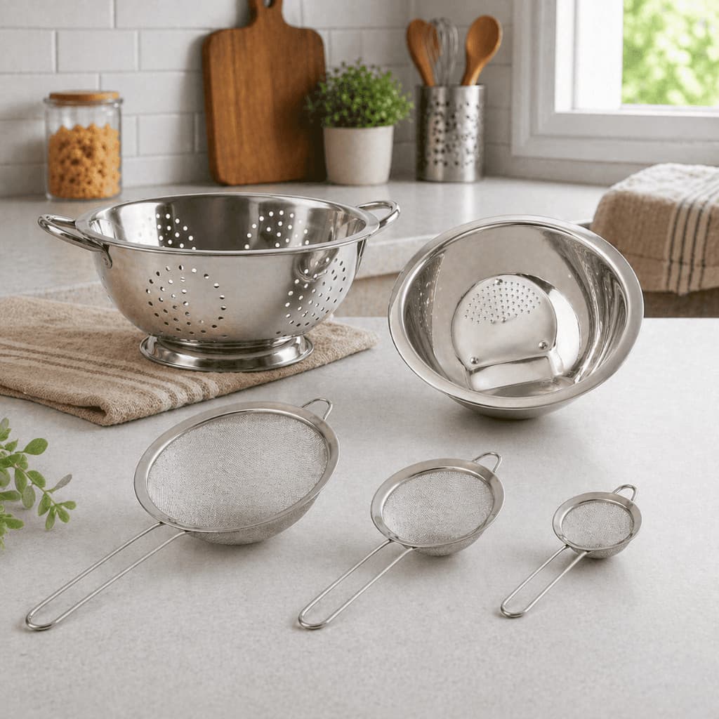 Kit 5 peças Escorredor De Arroz + Escorredor De Macarrão E Massas + 3 Peneiras Em Aço Inox