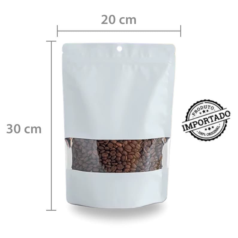 Saco Stand Up Pouch c/ Zip c/Visor 20X30cm Branco Fosco Com Furo - Pacote com 50un.