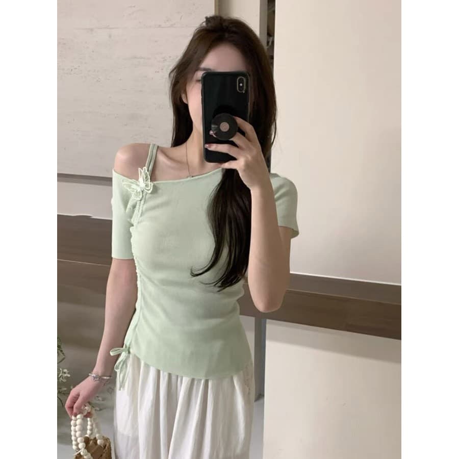 Estilo coreano Retro Bowknot Design sentido ombro oblíquo camiseta feminina verão 2025 novo estilo fino-ajuste fora do-S