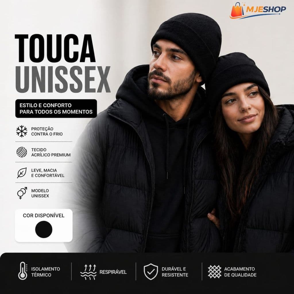 Touca Unissex Preta Básica Inverno Quente Confortável Barata
