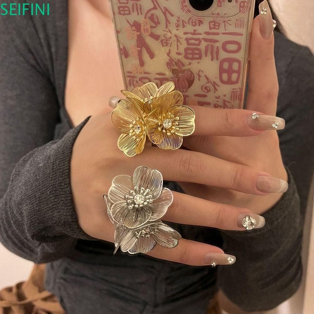 Anel Brilhante De Flor SEIFINI , Aberto Oco Irregular De Liga De Estilo Chinês , Design Minoritário