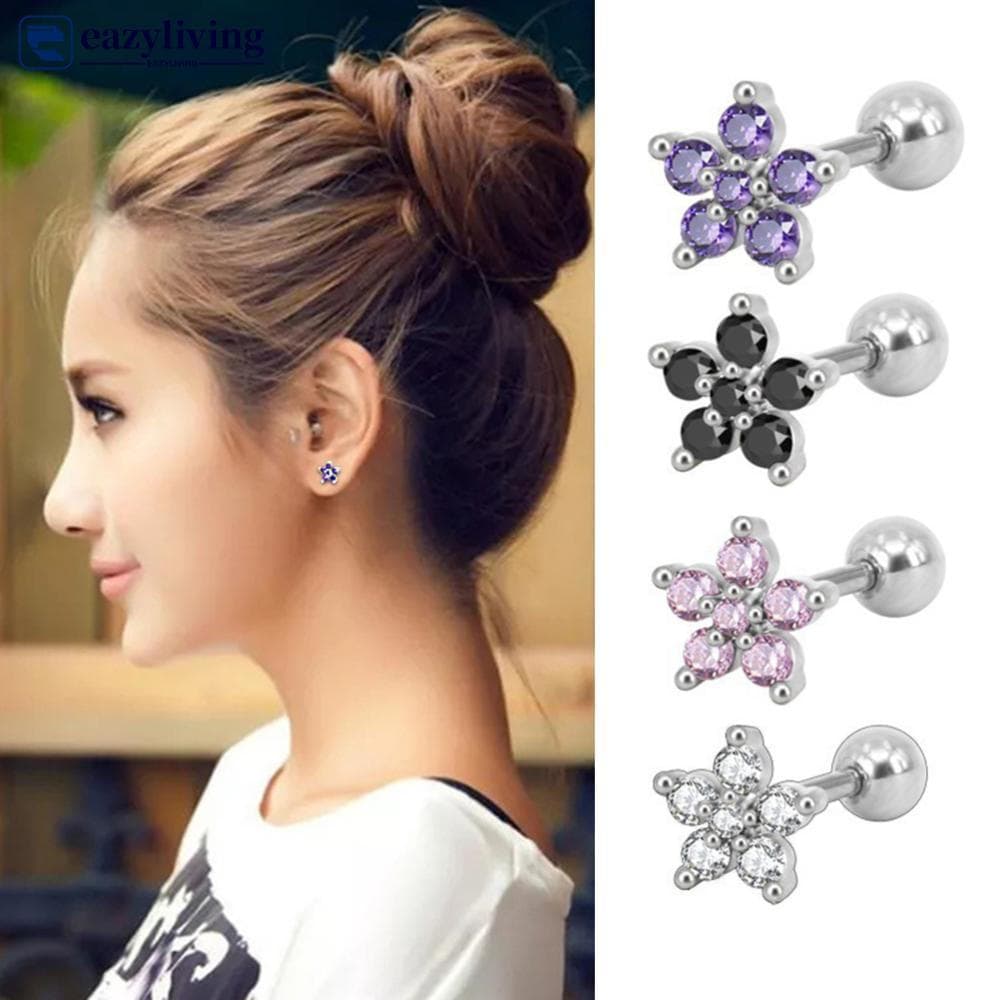 EAZYLIVING 1Pc Moda Simples Requintado Forma De Flor Zircão Sem Alergia Orelha Studs Feminino Jóias Presente L4Y8