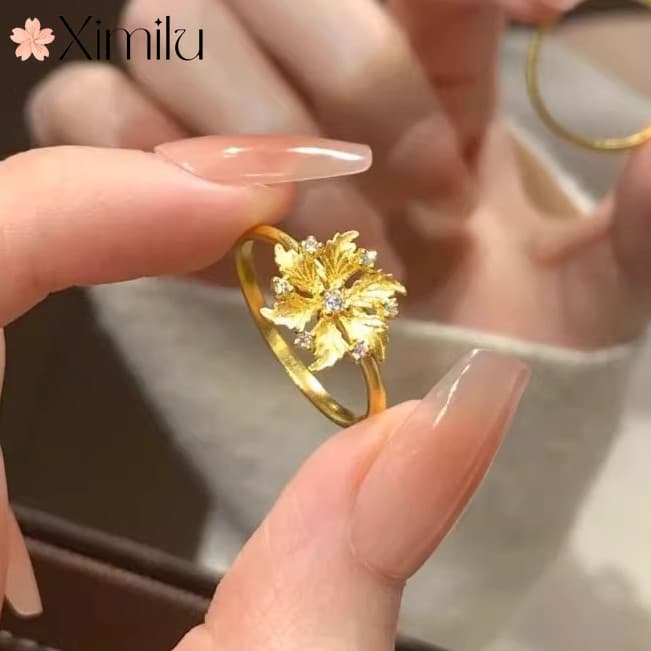 ❤ Brilhante dourado pequeno diamante dourado floco de neve anel feminino novo estilo luz luxo requintado nicho Design Al