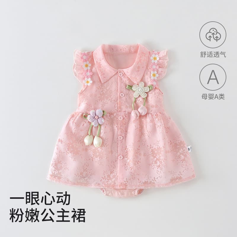 Infantil verão estilo fino Jacquard princesa macacão vestido bebê menina tridimensional flor decoração de uma peça passe