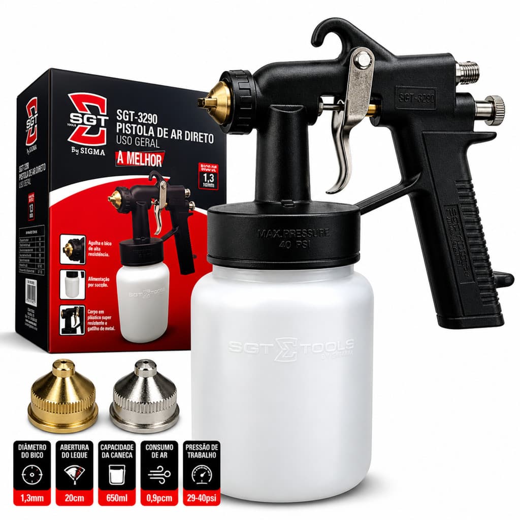 Pistola de Pintura Profissional Ar Direto SGT-3290 1,3mm Caneca 650ml