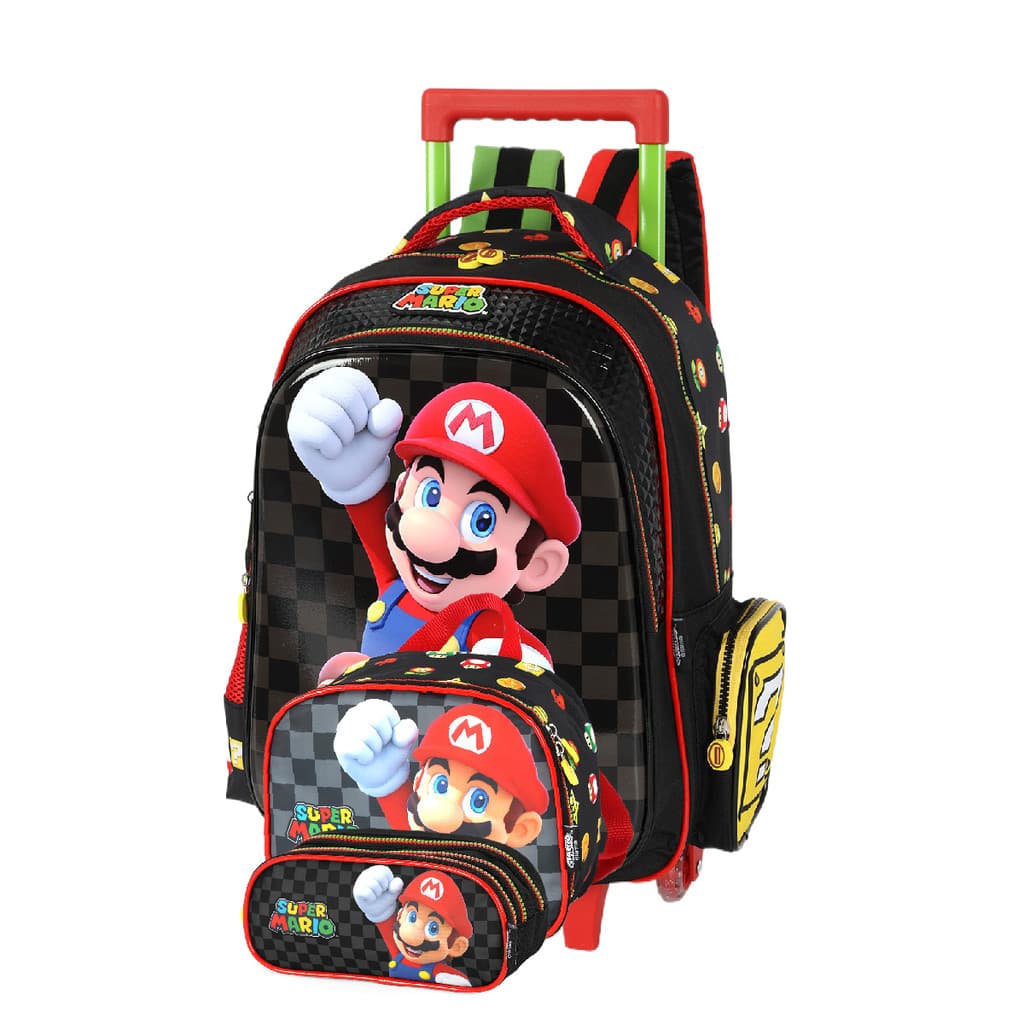 Kit Mochila Escolar Rodinhas + Lancheira + Estojo Triplo Super Mário