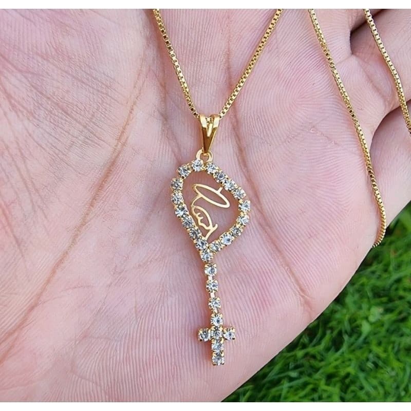 Colar Folheado Nossa Senhora do Silêncio Detalhes em Strass