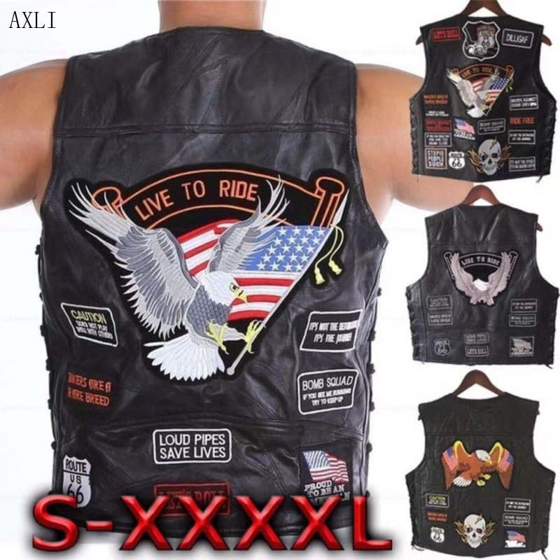 Colete de motociclista estiloso, colete de couro masculino com emblema bordado, estilo retrô KIMS 5496
