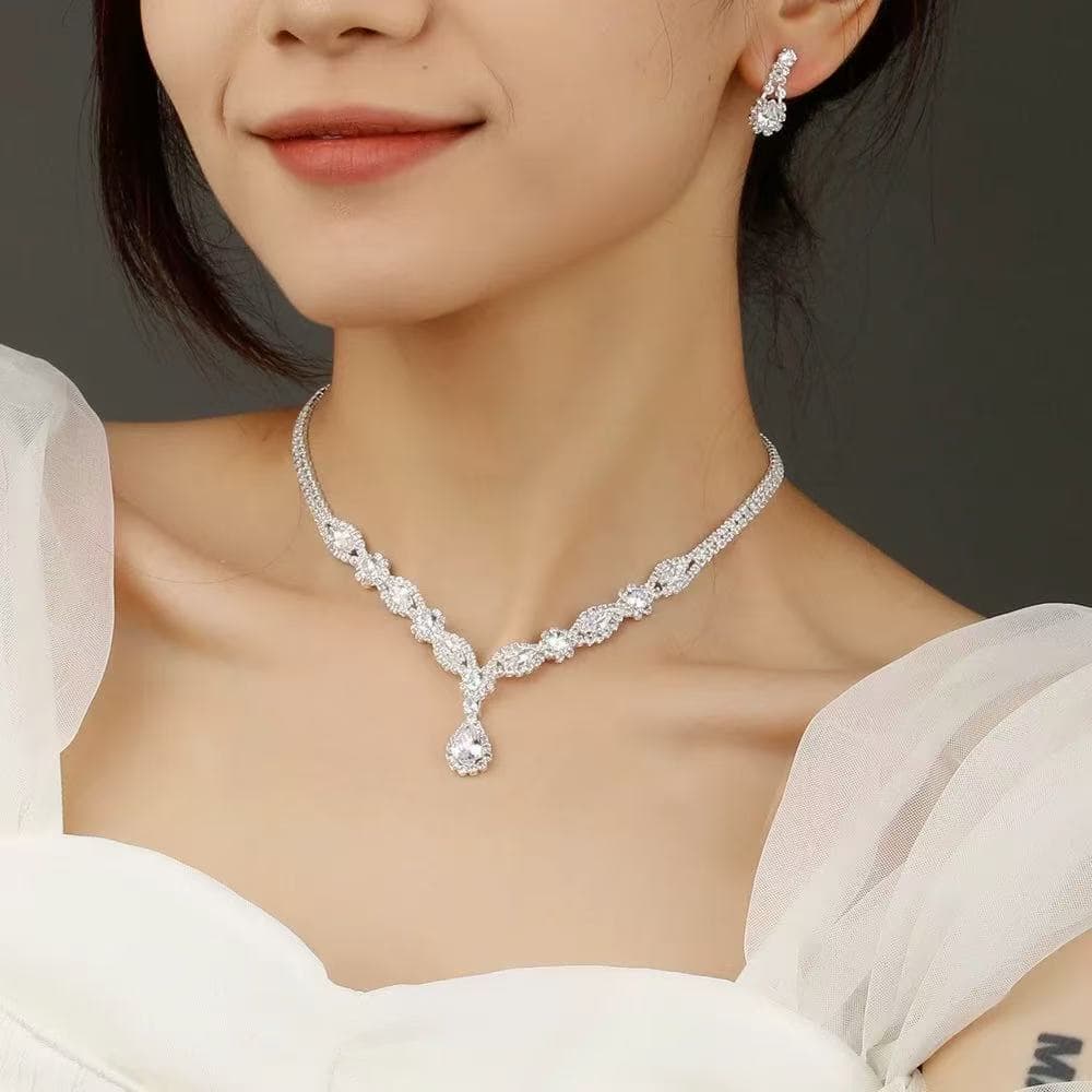 Moda conjunto de jóias senhoras strass zircão brilhante colar brincos em forma de gota luz pingente de luxo jóias elegan