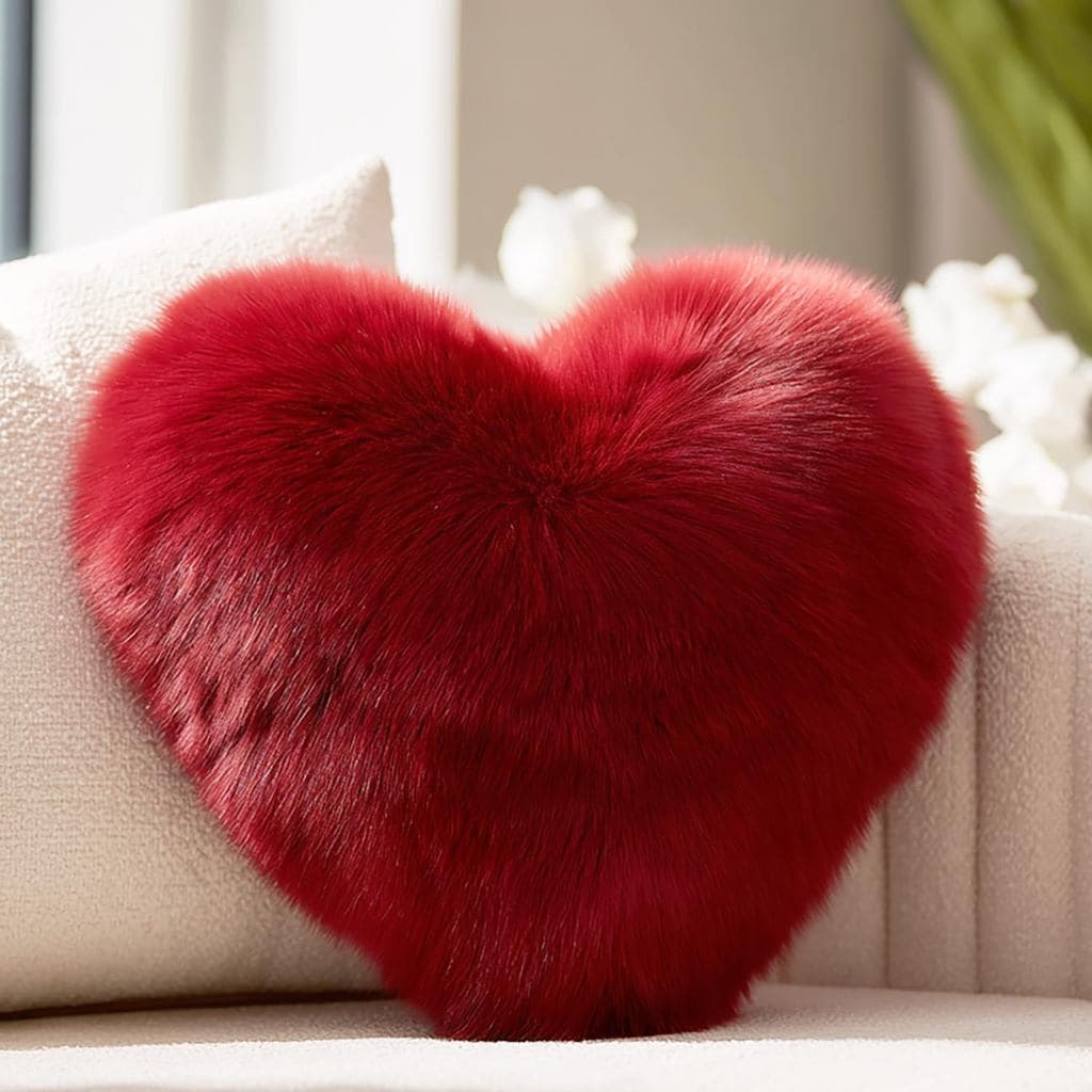 Red Heart Pillow, Faux Fox Fur Heart Decorative Pillows, Heart Shaped Throw Pillow for Bed, Soft Fluffy Decorative Cushi