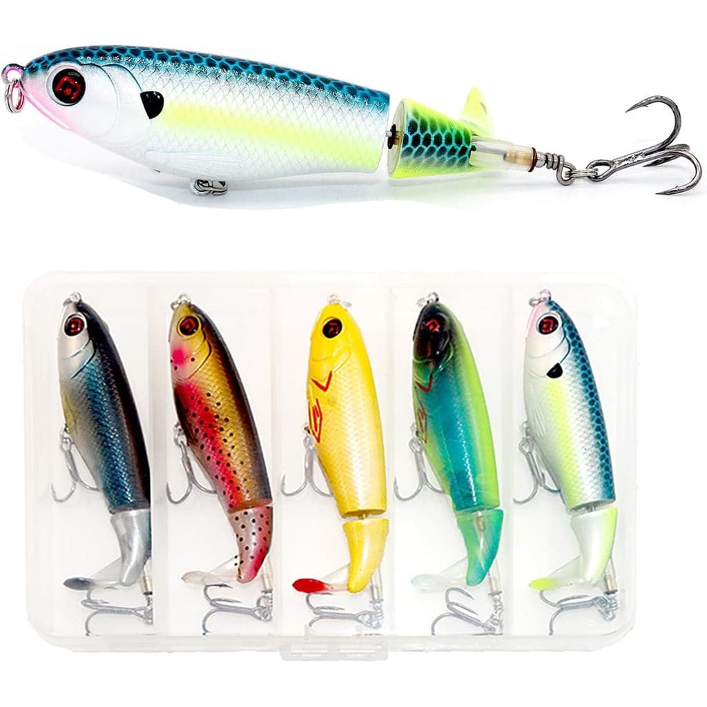 5 Iscas de Pesca de Superfície para Pesca de Robalo com Caixa de Armazenamento, Isca Whopper Popper para Robalo, Bagre,