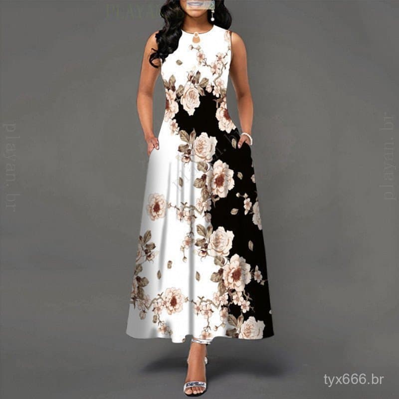 Vestido Longo Feminino Estampado Com Gola Redonda Estilo Boêmio Para Trabalho/Roupas De Verão