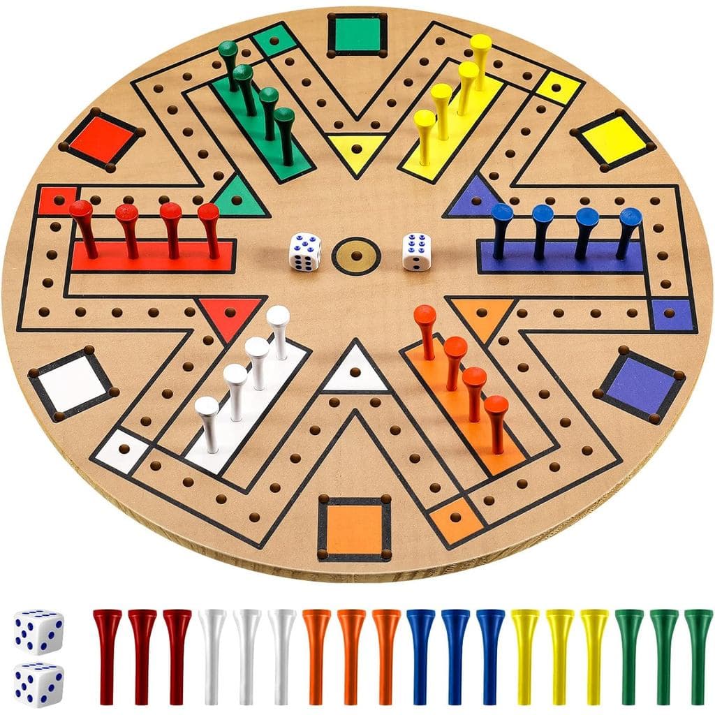 Jogo de Tabuleiro Fast Track da Kathfly, Jogo de Tabuleiro de Madeira para 3-6 Jogadores com 24 Peças de Jogo e 2 Dados,