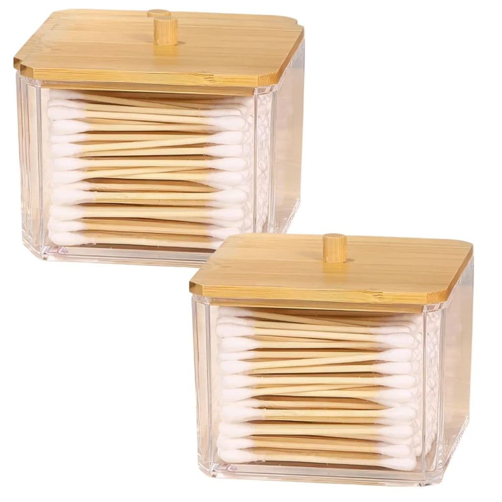 Kit 2 Organizador Porta Algodão Cotonete Hastes Acrílico Tampa Bambu