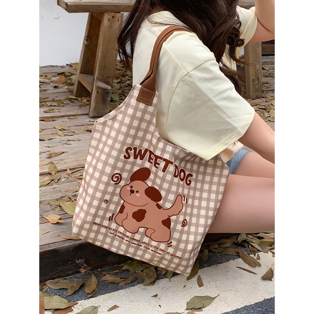 Desenhos animados filhote de cachorro xadrez saco de lona de grande capacidade bonito sacola feminina bolsa de ombro sac