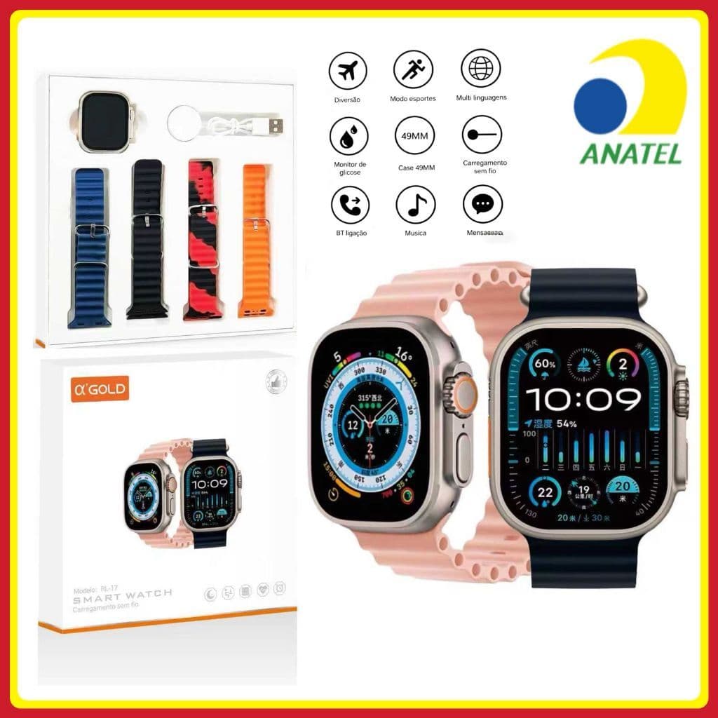 Smart watch Com 4 pulseiras para custumização Carregamento sem fio Relógio inteligente original A’Gold