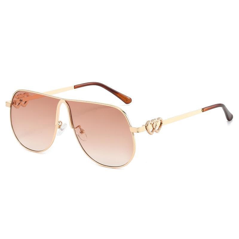 Óculos de Sol Femininos Estilo Piloto, Armação Grande, Lentes Refletivas em Forma de Coração, Óculos de Sol da Moda