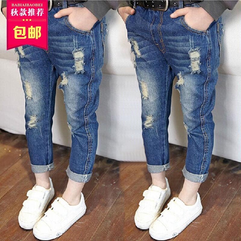 Comércio exterior roupas infantis calças Jeans para meninas 2026 primavera outono novo estilo versão coreana rasgado cal