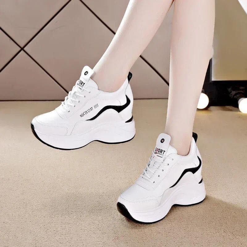2025 Novo Salto Alto Cunha Esporte Ao Ar Livre Primavera Sapatos Brancos Respirável Sapato Casual Feminino Plataforma De