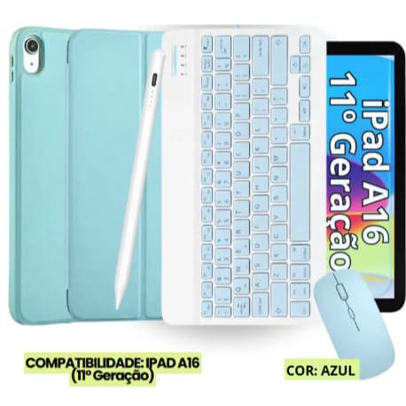 Kit Capa Smart Teclado Mouse E Caneta Para iPad 10,11 e A16 (11 Polegadas) AZUL Claro