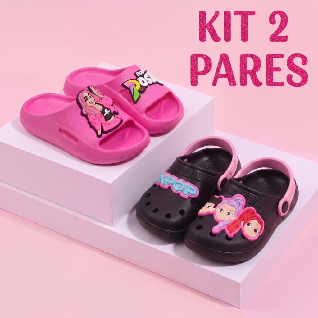 Kit Menina 2 Pares Chinelo Elementos dos Rosa e Sandália Guerreiras Confortável