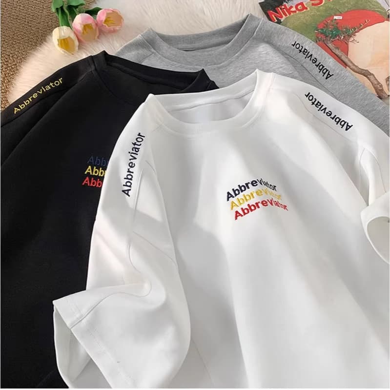 Camiseta masculina feminina bordada pesada de manga curta solta casal americano