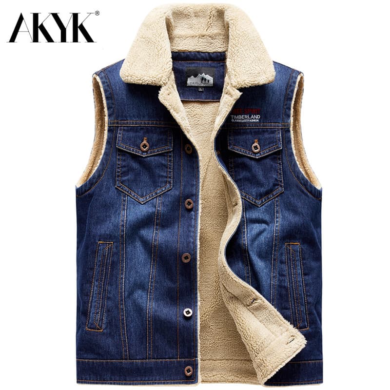 Outono inverno Denim colete masculino forro de lã engrossado colete de lã de cordeiro ferramentas Multi-bolso colete de