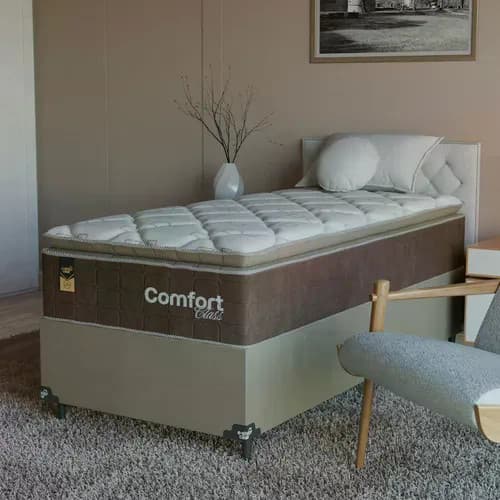 Cama Box Solteiro + Colchão Comfort Class Pillow Top 88x188  Marrom/suede Bege