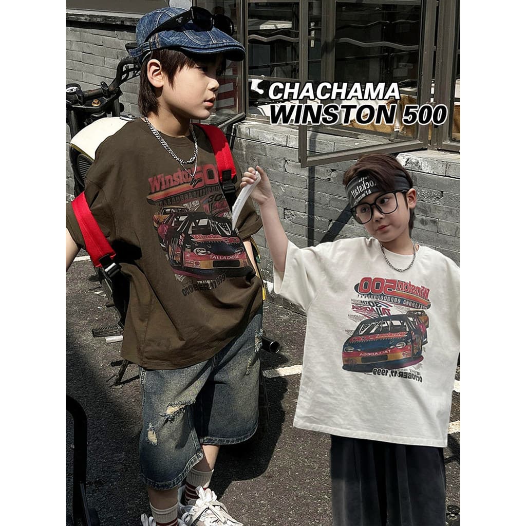 Chá mãe roupas infantis meninos em torno do pescoço carro impresso camiseta de manga curta verão puro algodão Retro desg