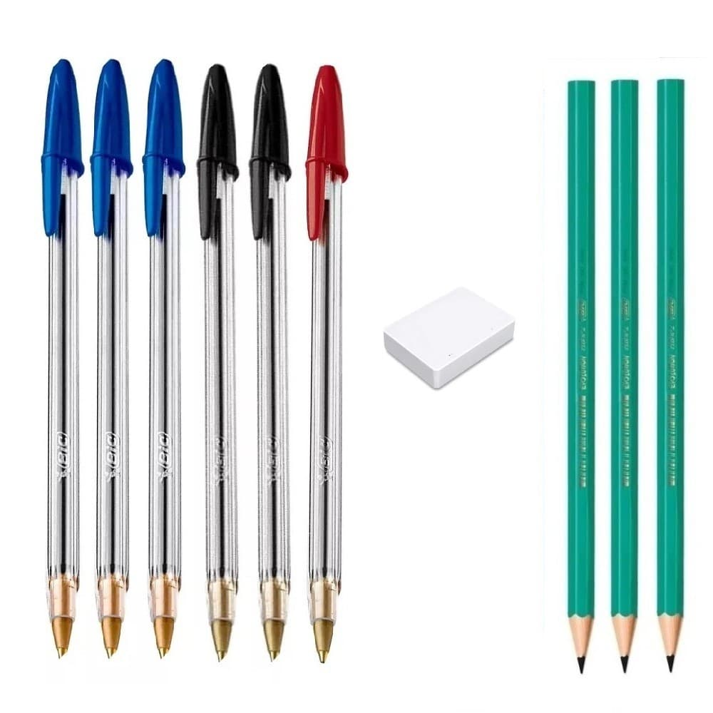 Kit Escolar 3 Lapis Bic s/borracha 1 Borracha e 6 Canetas Bic
