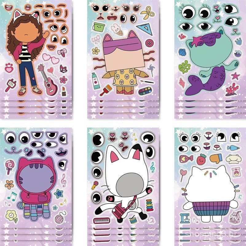 12 Unidades/Lote Gabby Dollhouse Cats Faça Seu Próprio Rosto DIY Quebra-Cabeça Adesivo Brinquedos Infantis
