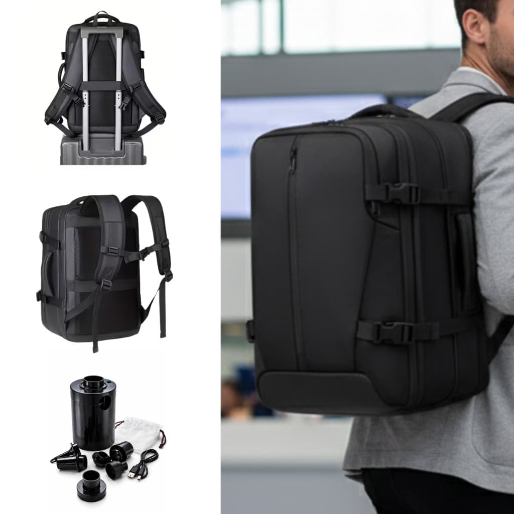Mochila De Bordo Mala Grande De Viagem Avião Masculina Bombinha De Ar A Vácuo Expansivel Multicompartimento Resistente
