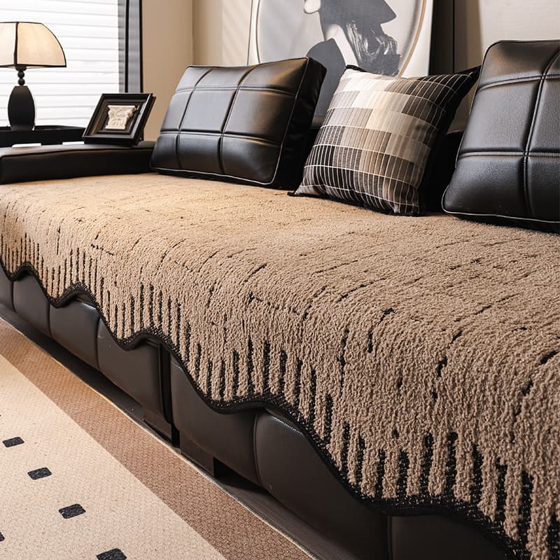 Capa De Sofá Elegante Com Borda Ondulada Antiderrapante Chenille Para Decoração De Casa De Couro