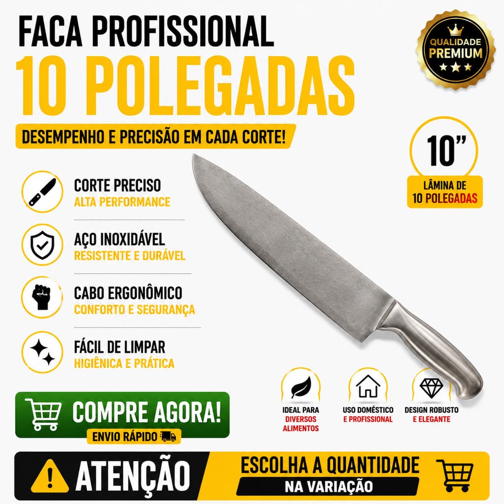 Faca Profissional Cabo Inox Resistente 10 Polegadas Aço Inox Lâmina Corte de Precisão Churrasco Açougue e Carnes