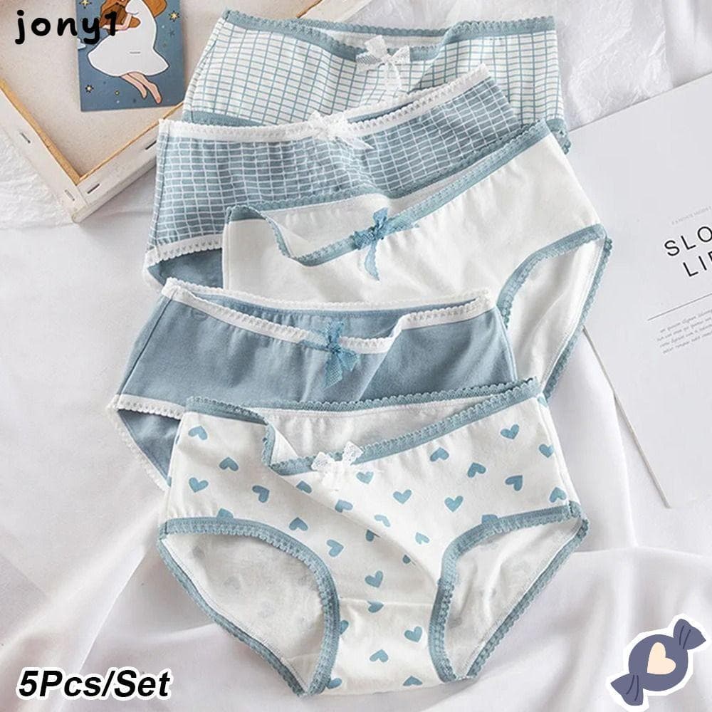 THUY 5 Pçs/Set Conjunto De Roupa Interior , Calcinha De Algodão Com Estampa Xadrez Respirável , Arco Coração Bonito Conf