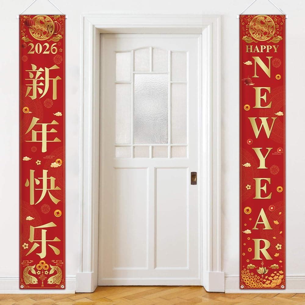 Happy Chinese New Year Porch Sign Banner Red Year of The Horse Door Decorative Hanging Banner Chinese New Year Spring Fe