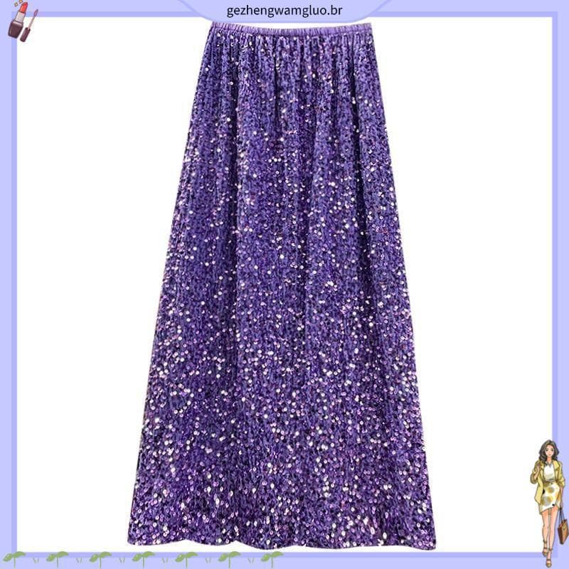 Plus Size Feminino Lantejoulas Nova Primavera Atmosfera Cintura Alta A-Line Saia Elegante Longa Feminina
