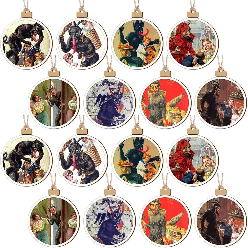 16 Peças de Enfeites de Natal Vintage Krampus, Decorações Redondas de Madeira do Diabo Alemão, Enfeite Suspenso Krampus