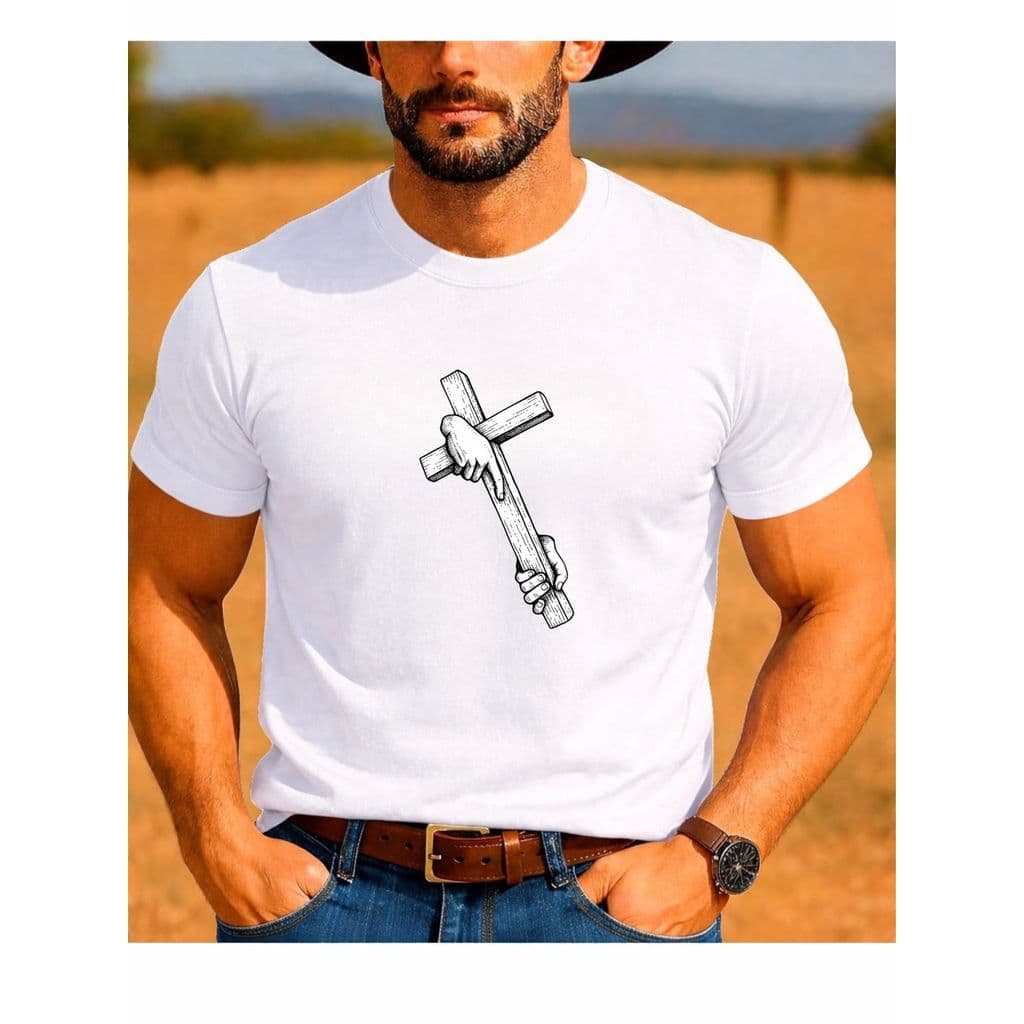 Camiseta Masculina Religiosa Estampa Mão Na Cruz Camisa 100% Algodão Casual