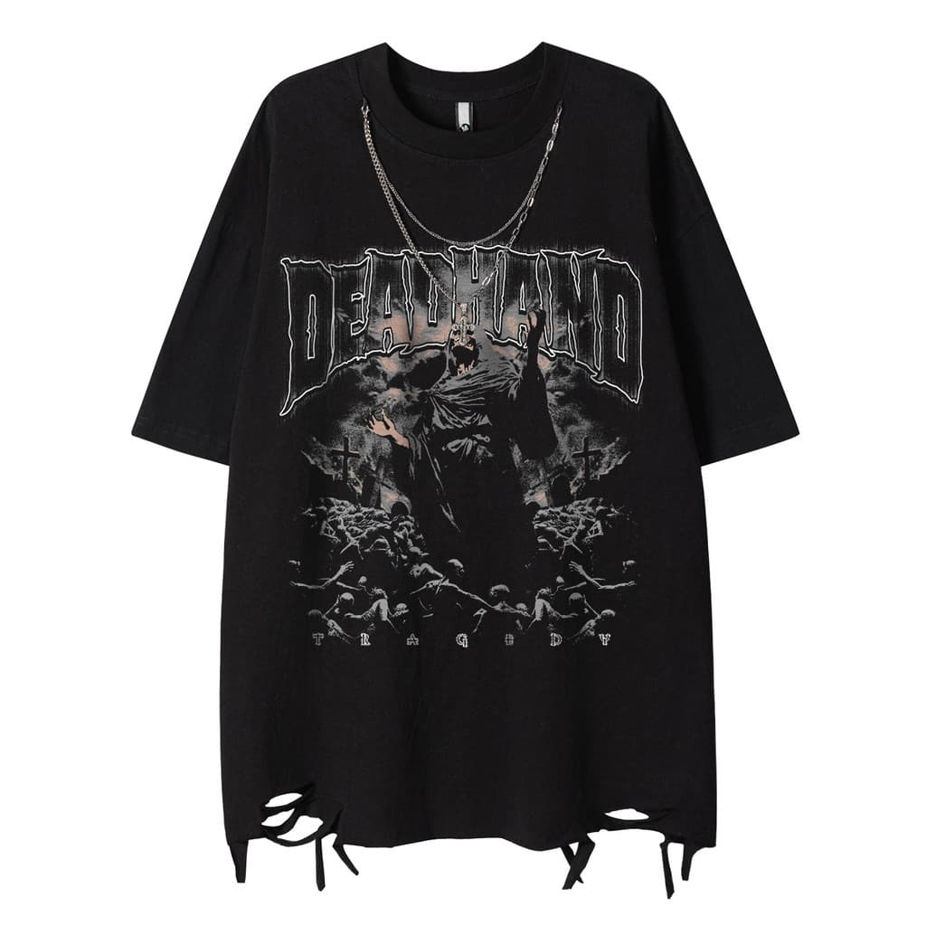 T Tang Mu Pessoas da Moda 2026 Verão Novo Estilo Americano Retro Escuro Impresso Corrente Design Casual Solto Homens Mul