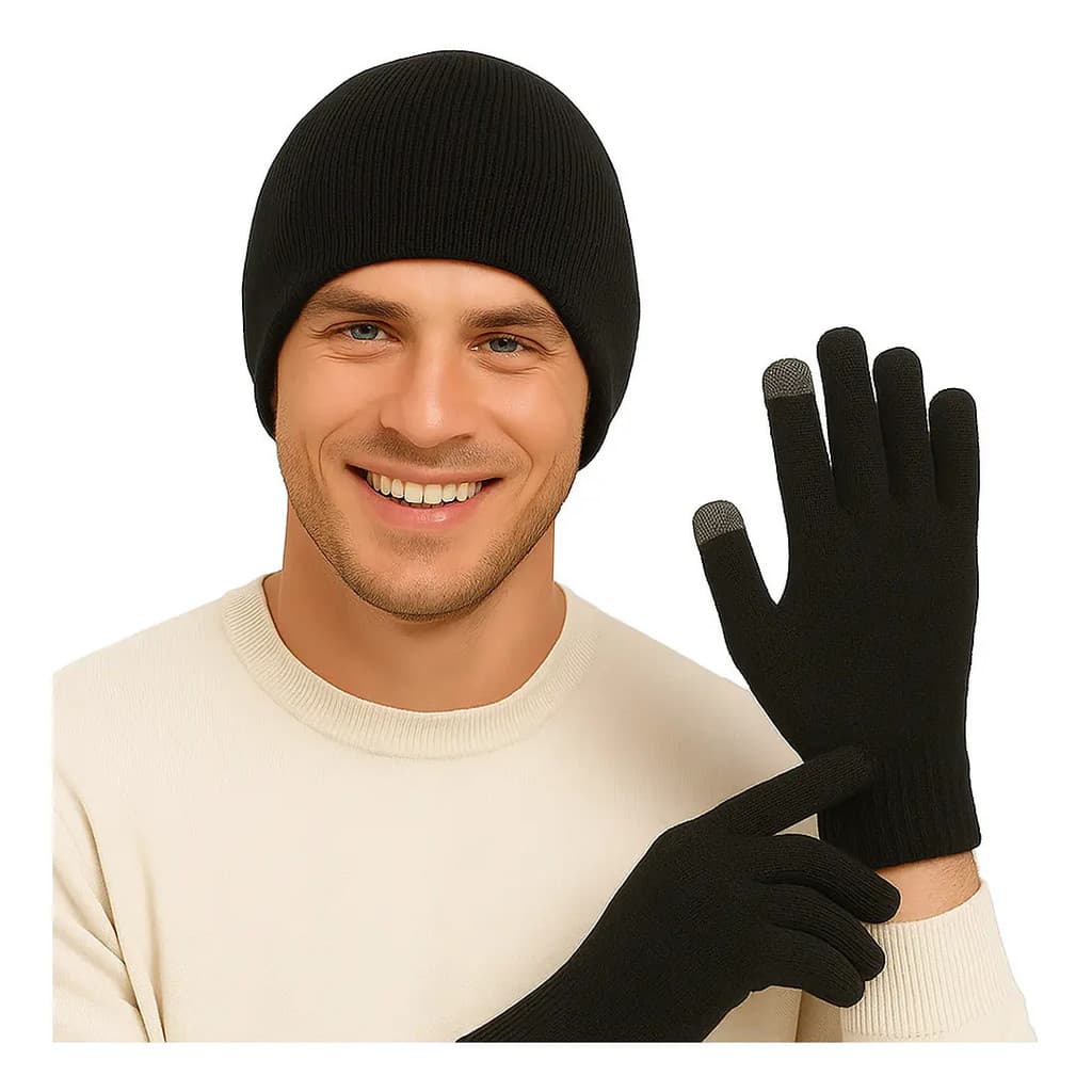 Kit Luvas Touch Touca Gorro Forrada  Inverno Unissex Quente