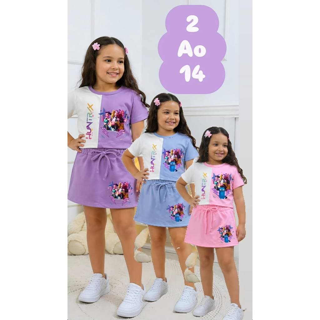 CONJUNTO  HUNTRIXX GUERREIRAS DO KPOP INFANTIL/JUVENIL BLUSA+SHORT SAIA
