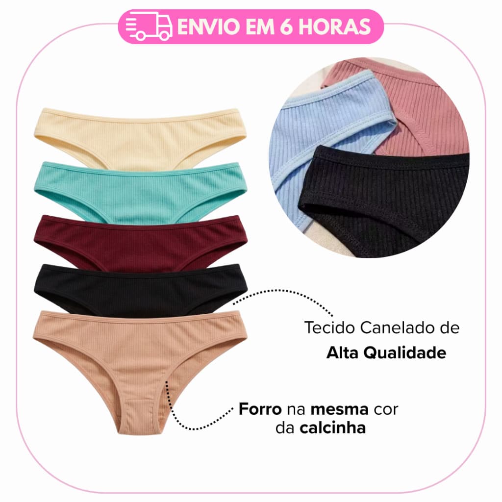 Kit Calcinhas Conforto de Algodão CANELADA -101 C Feminina Conforto para o Dia a Dia
