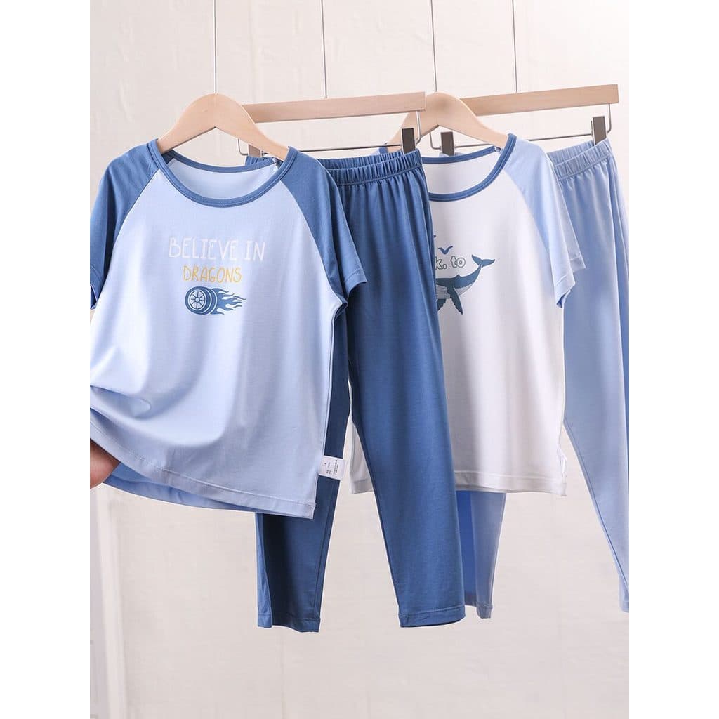 Algodão + Modal pijamas infantis conjunto primavera verão roupas de casa das crianças estilo fino meninos médio grande r