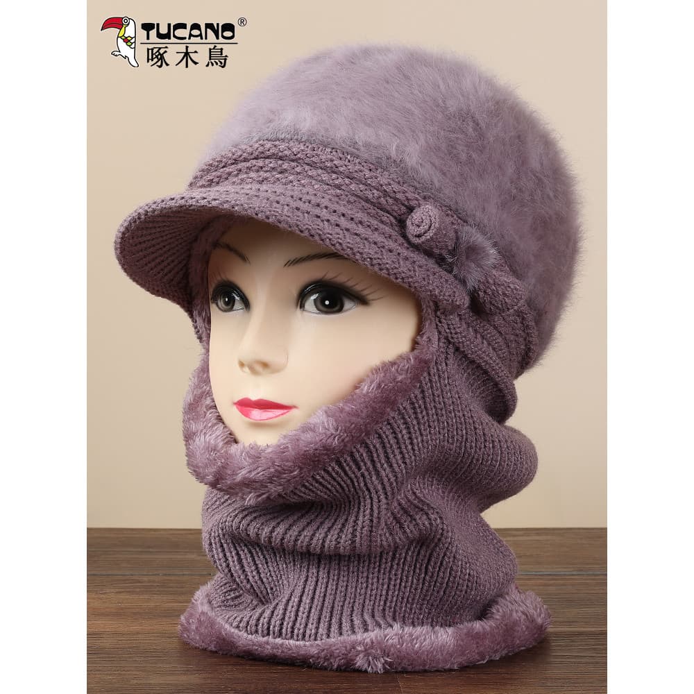 Chapéu para idosos de meia-idade feminino outono inverno mãe pele de coelho chapéu babador de uma peça avó à prova de fr