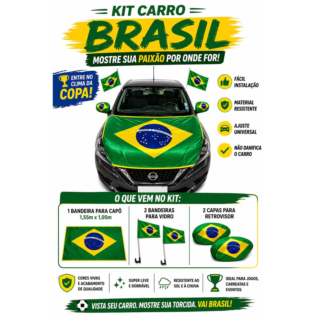 Kit 5 Peças Bandeiras do  Brasil Copa do Mundo 2026 Capô Retrovisor e  Janela