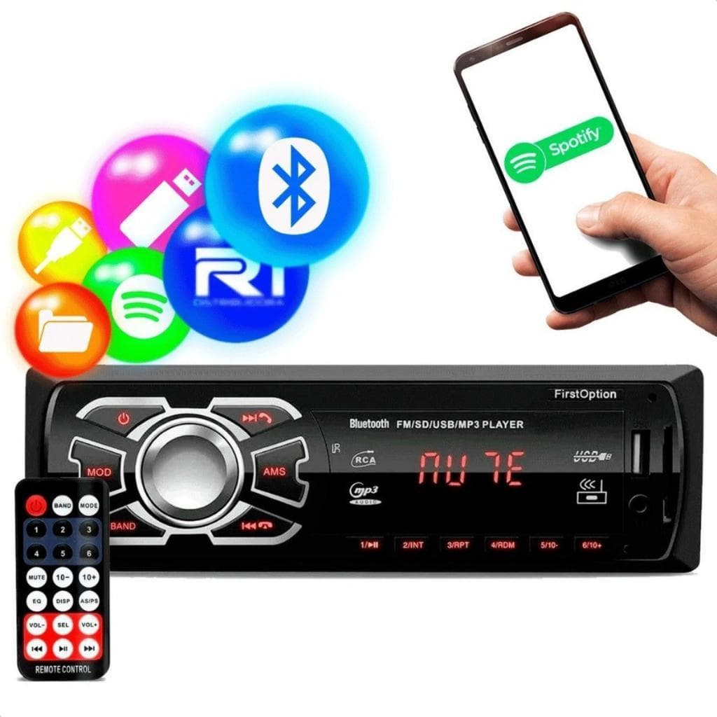 Radio Automotivo Bluetooth com Entrada USB Carregador de Celular First Option MP3 Som Carro 100W
