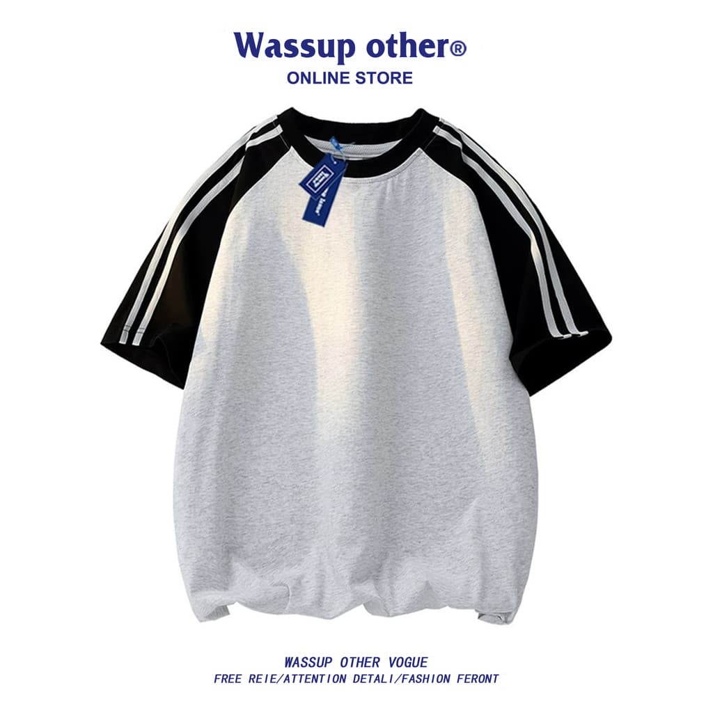 WASSUP OUTRO Americano Gola Redonda Duas Barras Manga Curta Homens Verão Retro Estilo Fino Contraste Cor Costura Camiset