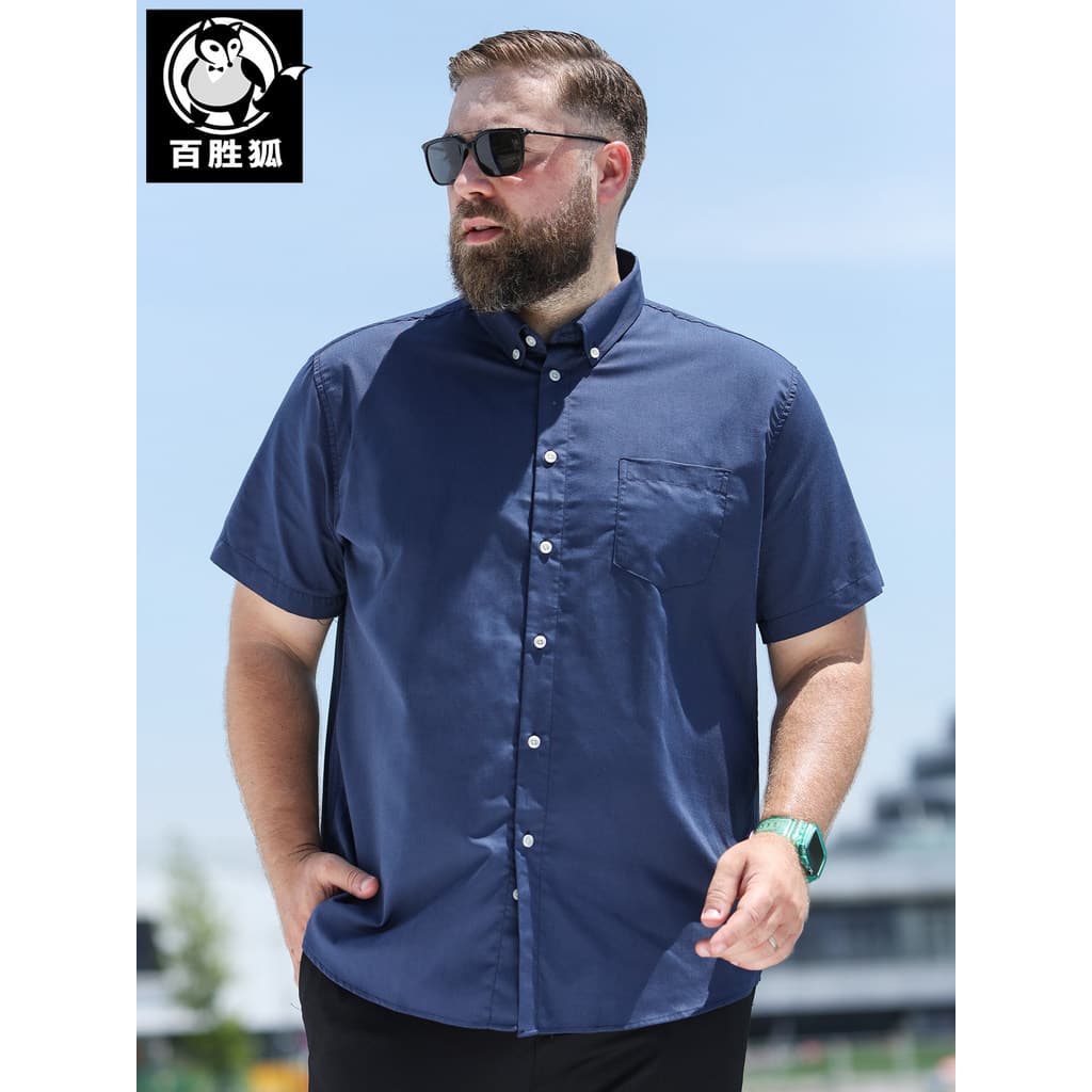 Baisheng Fox Plus Size Roupas Masculinas Cor Sólida Gola Botão Camisa Simples Gorda Plus Fat Plus Solta Manga Curta Fat