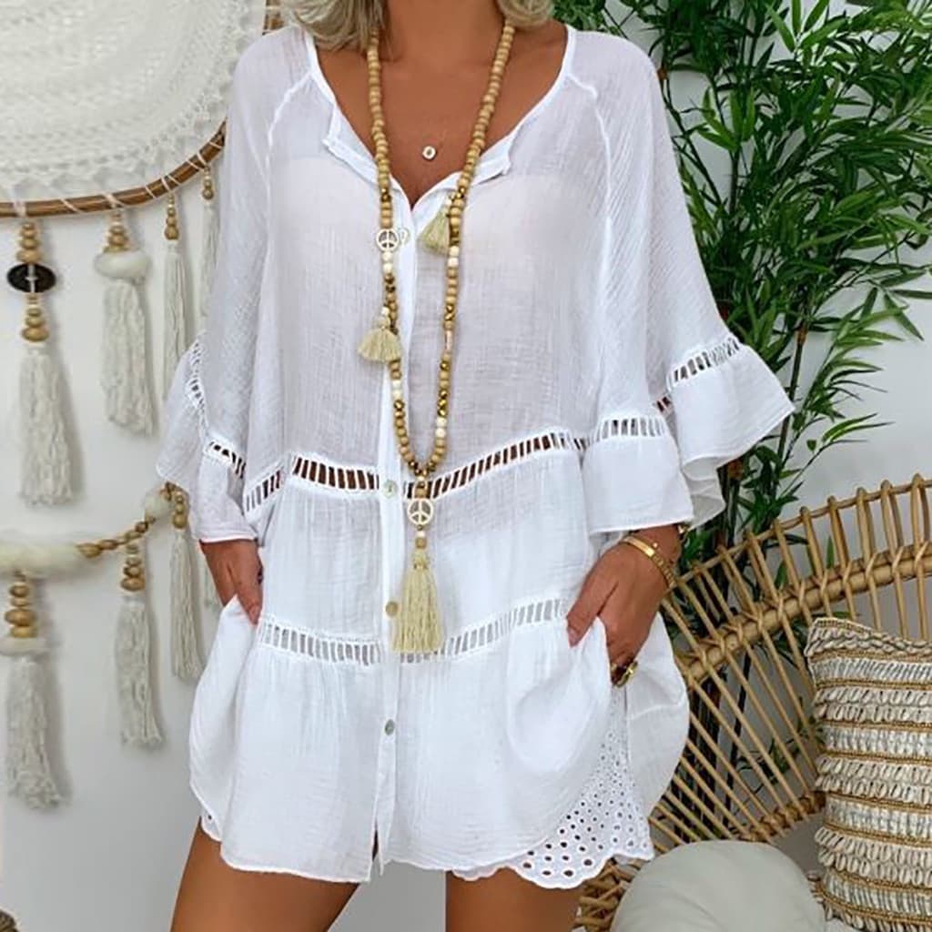 camisao saida de praia Blusao adulto feminina gordinha plus size com renda trim moda casual blouse P M G GG
